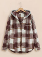 Highland Plaid Shacket with soft fleece lining, hood, button front, and plaid pattern for warm layering