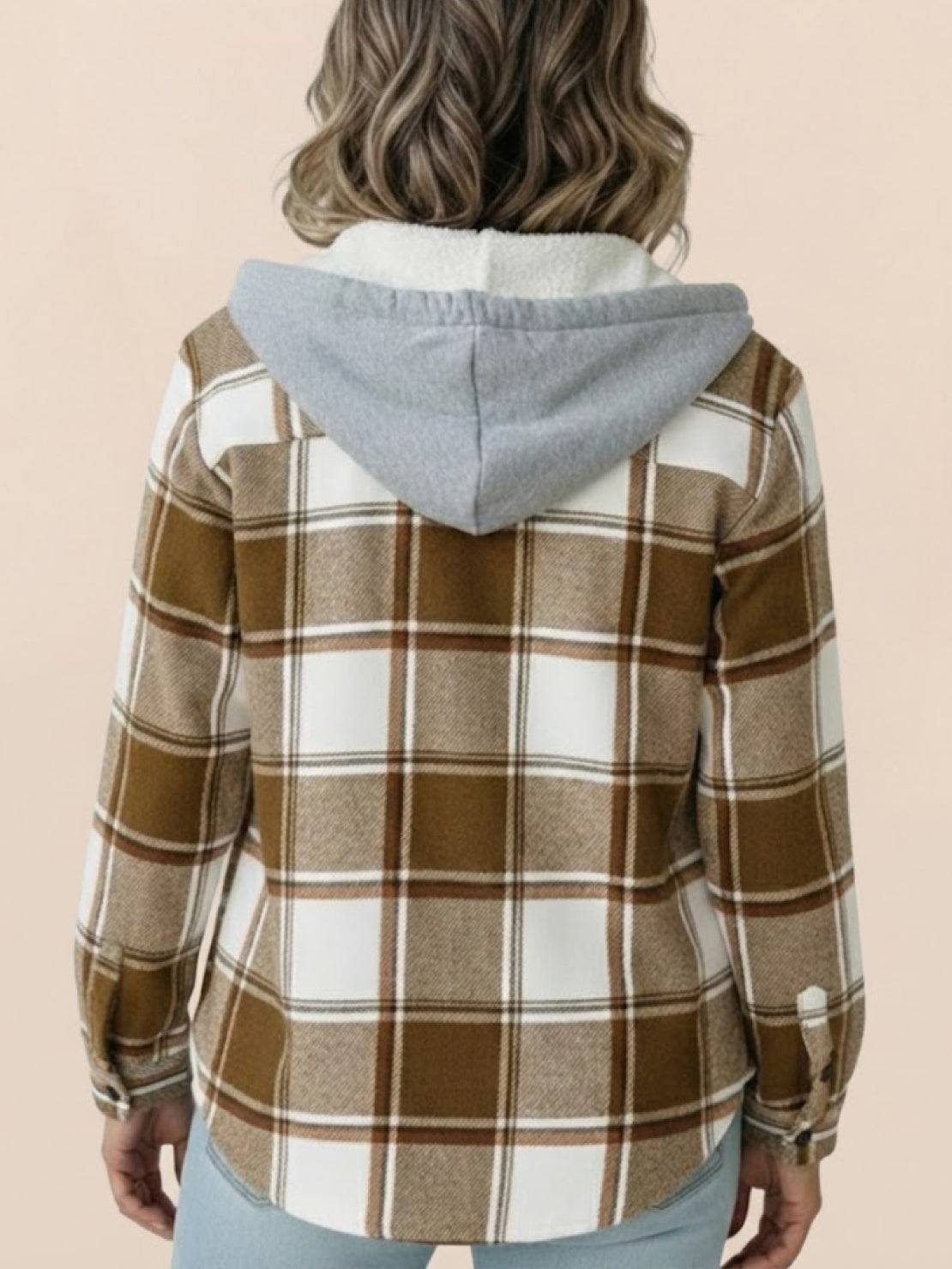 Highland Plaid Shacket with soft fleece lining, hood, button-front, and front pockets in classic plaid pattern