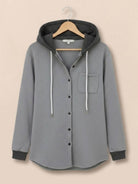 Highland Plaid Shacket with soft fleece lining, hood, button-front, and plaid pattern for cozy layering