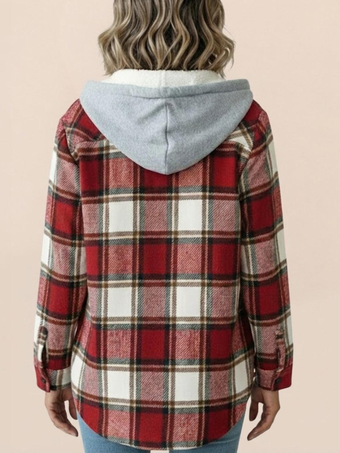 Woman wearing Highland Plaid Shacket with hood and button-front closure