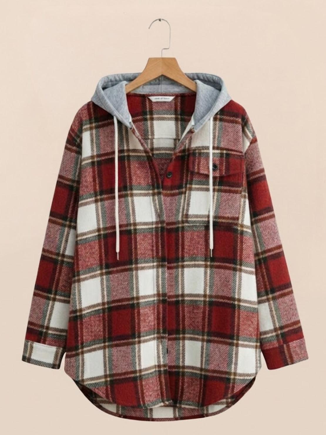 Highland Plaid Shacket relaxed fit hooded plaid overshirt with soft fleece lining and button front closure