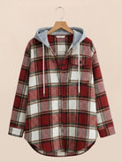 Highland Plaid Shacket relaxed fit hooded plaid overshirt with soft fleece lining and button front closure