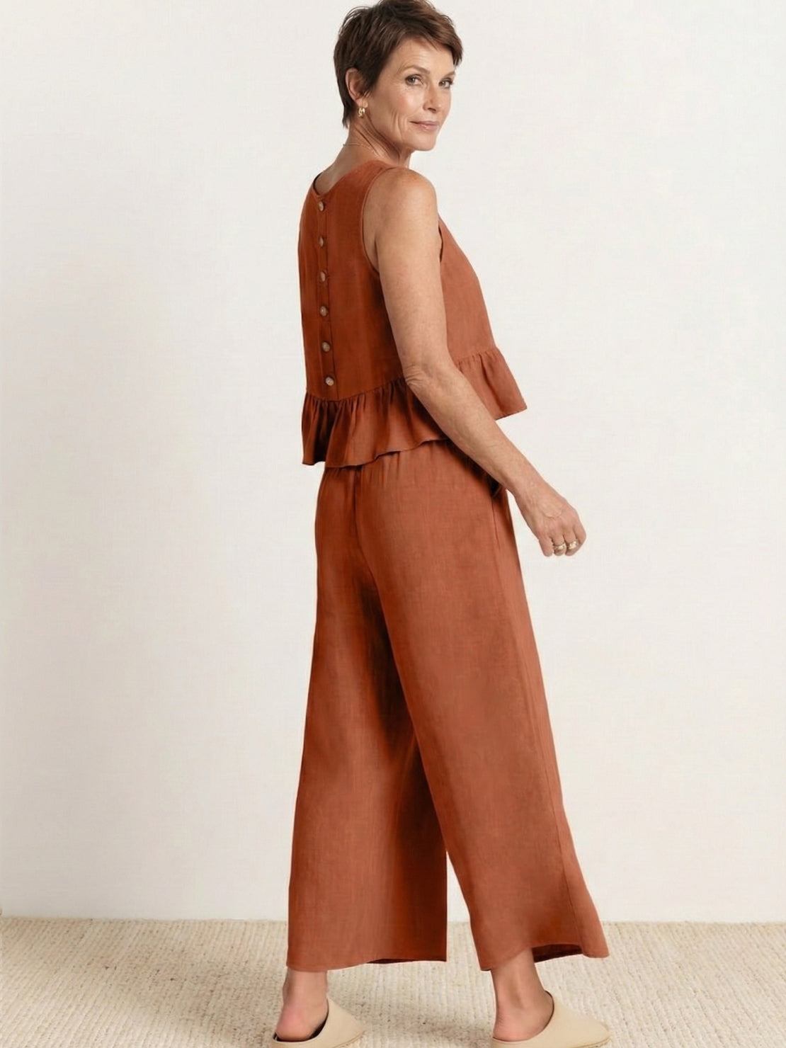 woman wearing Jetsetter Linen-Like Feel Set lightweight breathable two-piece outfit