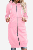Pink oversized long zip sweatshirt hoodie with front pockets and drawstring hood
