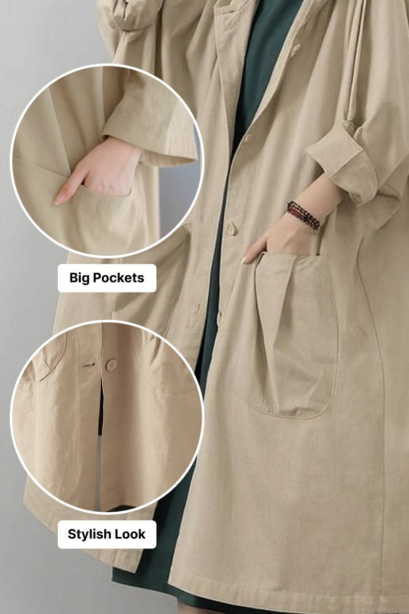 One-size oversized Heritage Windbreaker Jacket with large pockets and snap-button closure in beige