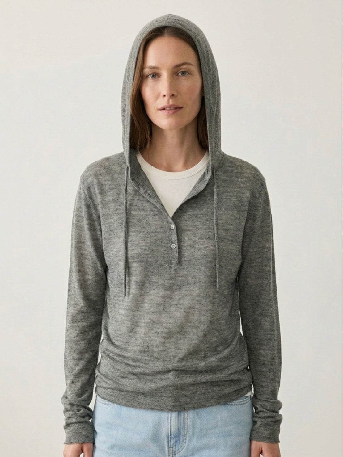 Organic linen henley top in soft fine knit with relaxed fit and side slits