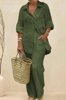 Oversized 100% cotton shirt with wide-leg pants co-ord set in olive green, breathable and relaxed fit.