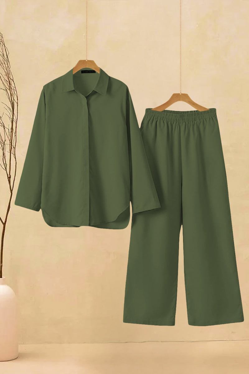 Oversized 100% cotton shirt and wide-leg pants co-ord set in olive green with relaxed fit and breathable fabric