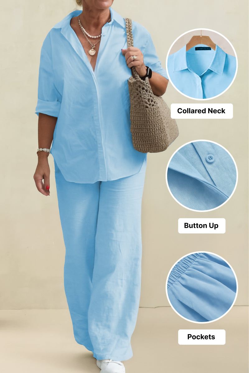 Light blue oversized 100% cotton shirt with collar, button-up front, and matching wide-leg pants with pockets