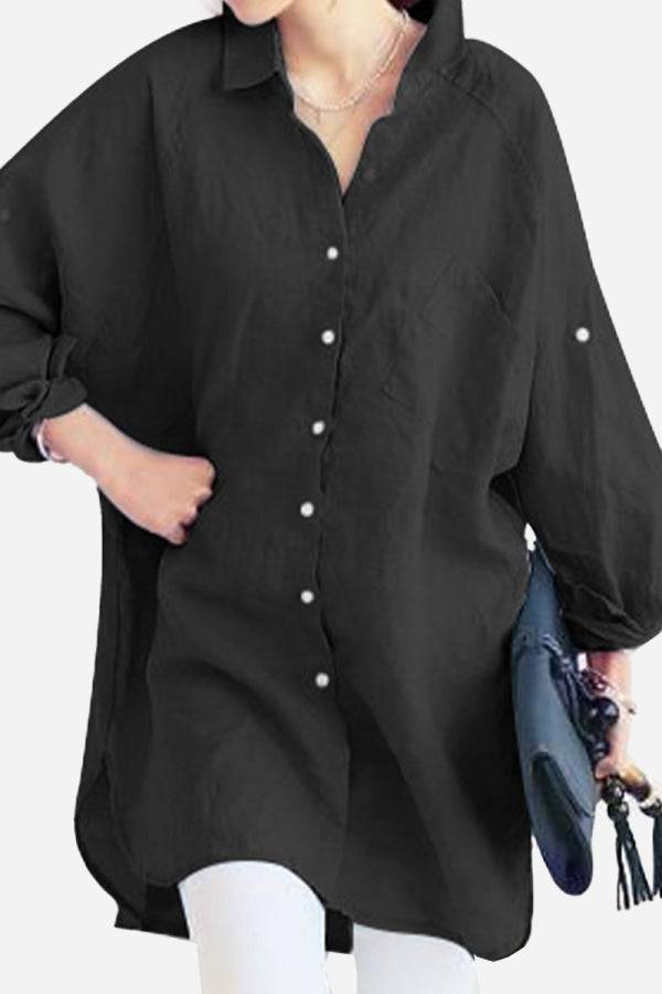Black oversized linen shirt with buttons and long sleeves styled casually