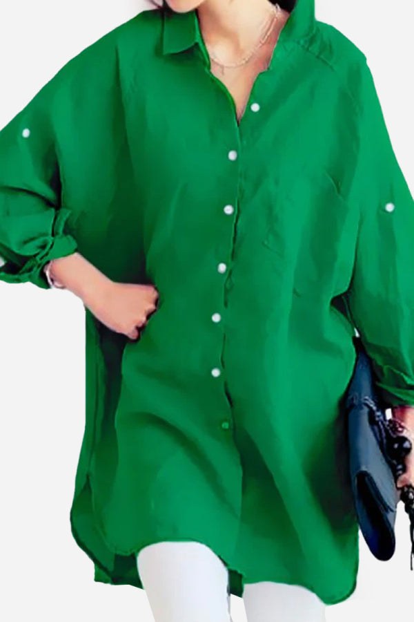 Green oversized linen shirt with long sleeves and button-down front