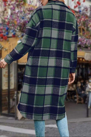 Oversized medium-length blue plaid overshirt in wool blend, cozy and lightweight layering jacket for fall and winter.