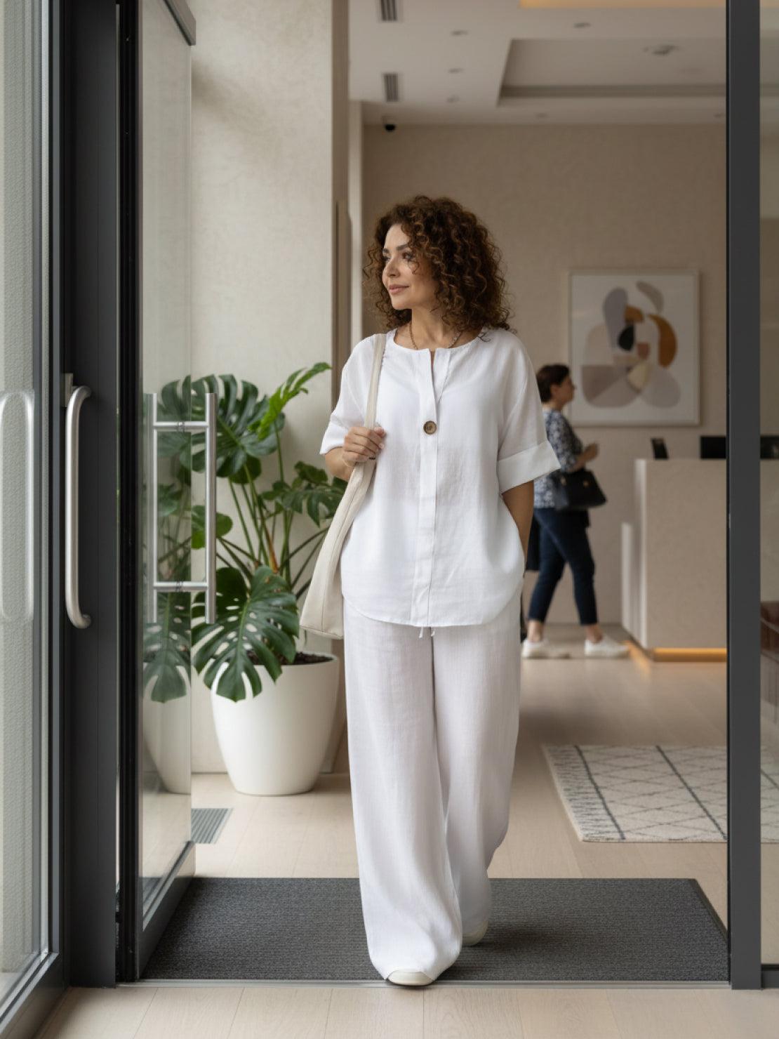 Pure linen two-piece casual comfort set with breathable fabric and relaxed fit