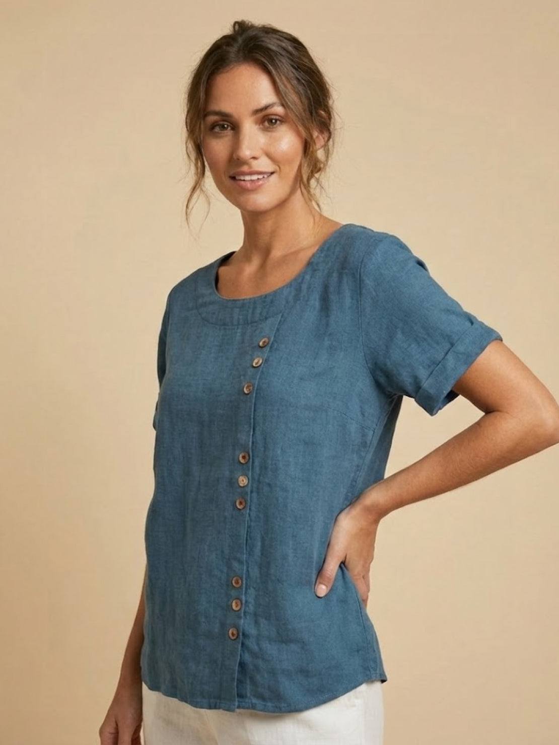 Relaxed Fit Linen Button-Up Tee in breathable cotton with stylish buttons and loose fit for comfort