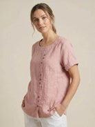 Relaxed Fit Linen Button-Up Tee in breathable cotton and linen with button detail and loose fit for comfort