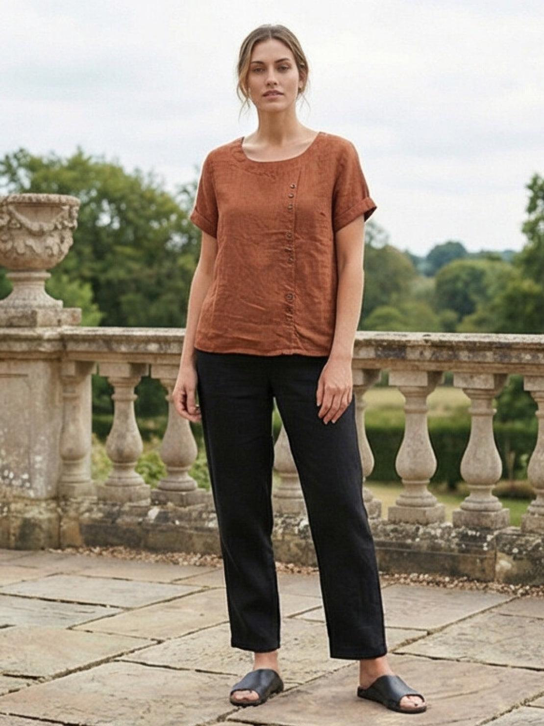 Relaxed Fit Linen Button-Up Tee with breathable cotton linen fabric and stylish button detail