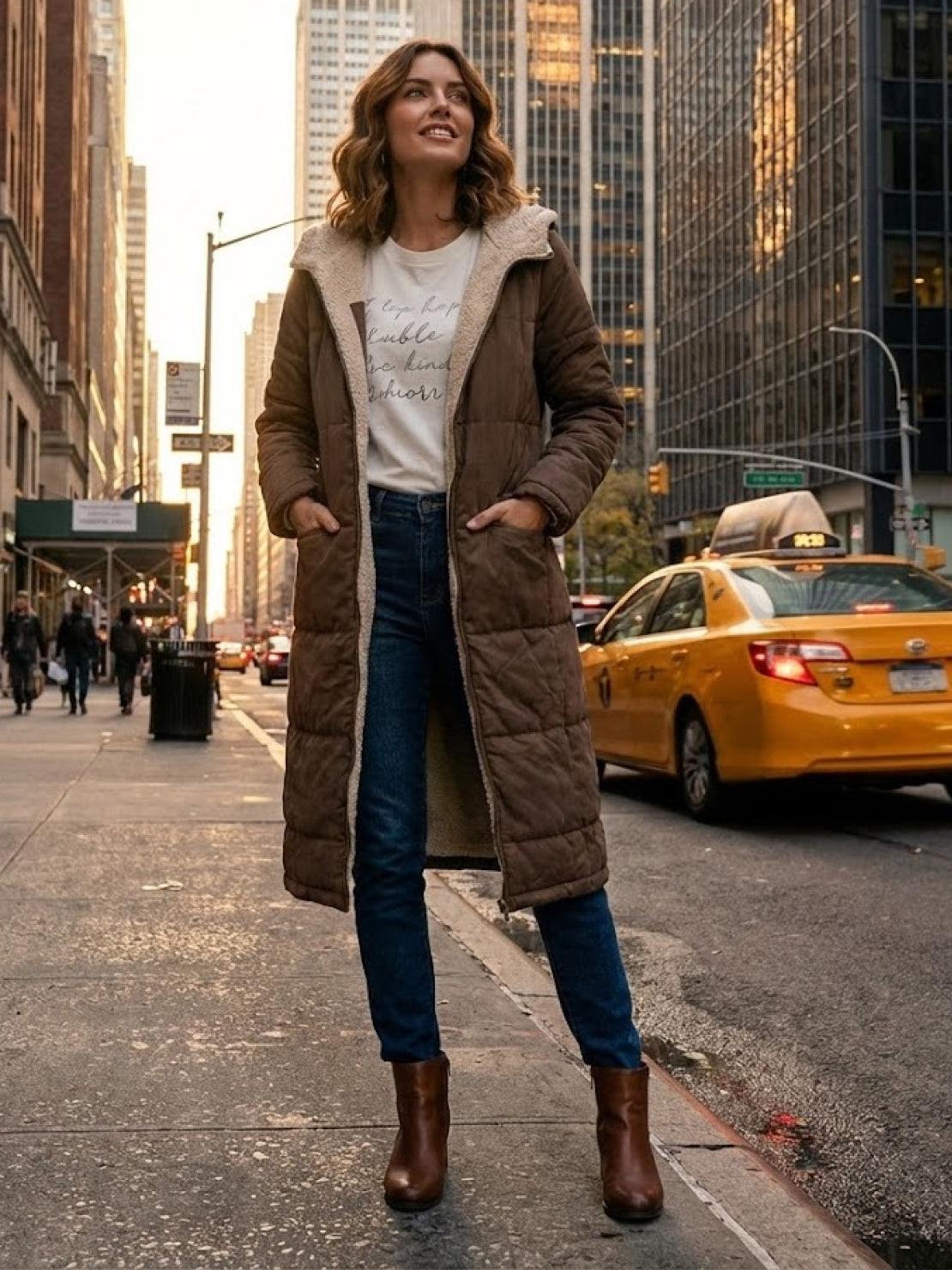 woman wearing brown sherpa-lined hooded teddy coat with jeans and boots on city street with yellow taxi