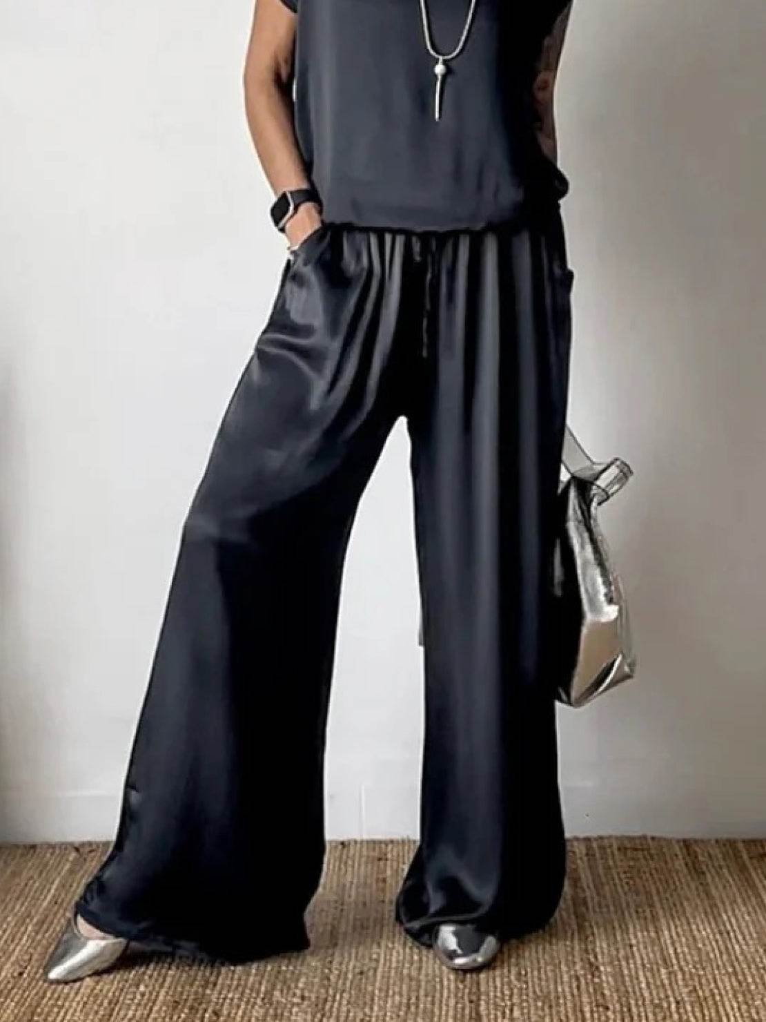 Silken Escape Satin Two-Piece Set with wide-leg pants and slimming top in flowing satin fabric