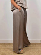 Silken Escape Satin Two-Piece Set elegant satin top and wide-leg pants with soft stretch waistband and wrinkle-resistant fabric