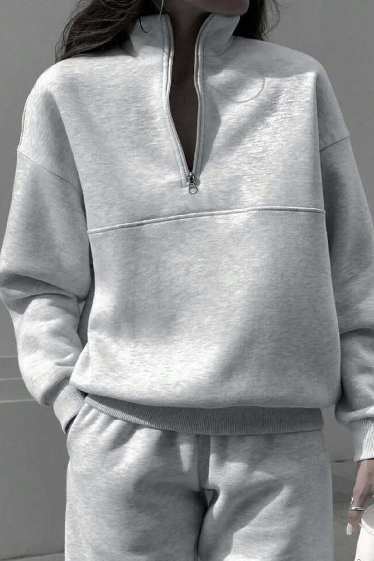 light grey cotton blend tracksuit with zip neckline and relaxed fit for casual comfort