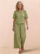 Loose fit co-ord set with soft-tailored top and wide-leg bottoms in breathable cotton blend fabrics