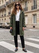 Trendy oversized Rain Couture Windbreaker in olive green, water-resistant and stylish for women