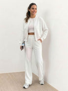 The Voyager Zip Set matching zip-front sweatshirt and wide-leg joggers for comfortable travel style