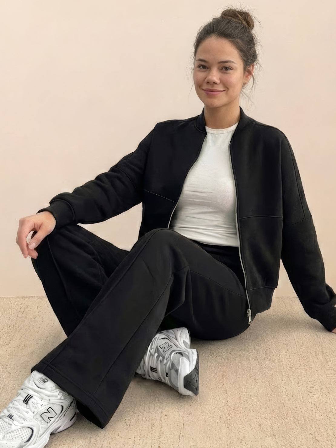 The Voyager Zip Set two-piece zip-front sweatshirt and wide-leg joggers travel outfit