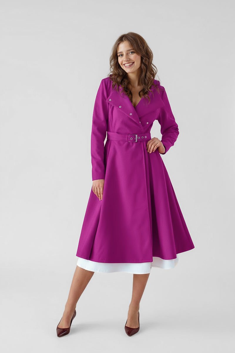 Woman wearing a stylish purple water-repellent rain A-line hooded raincoat with matching belt and white dress underneath