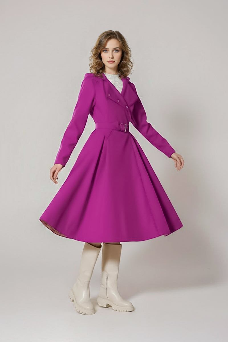 Water-repellent rain A-line hooded coat with belt in purple worn by woman