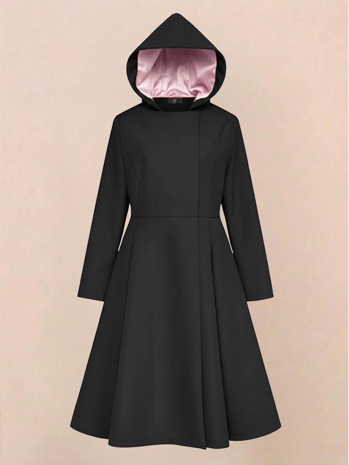 Elegant water-repellent A-line hooded raincoat with matching belt for women