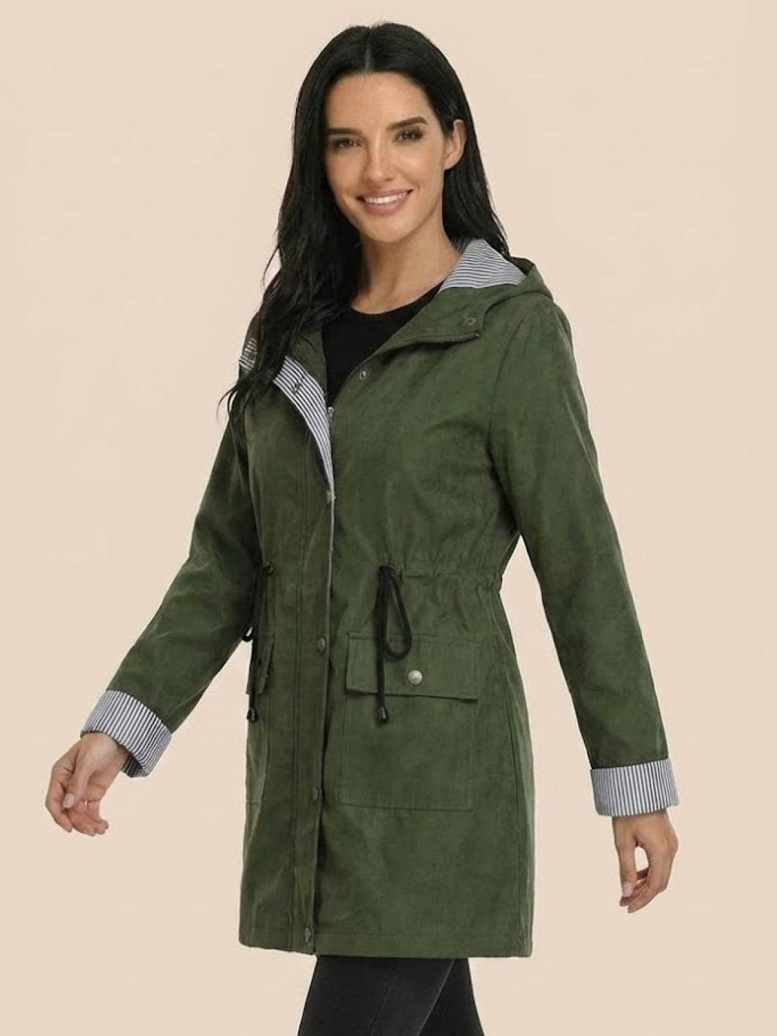Women's olive green water resistant windbreaker jacket with hood and striped inner lining