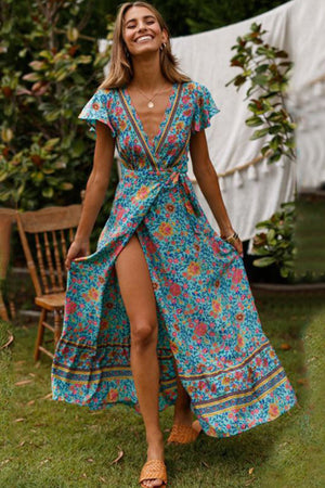 Bohemian Floral Print Wrap Dress