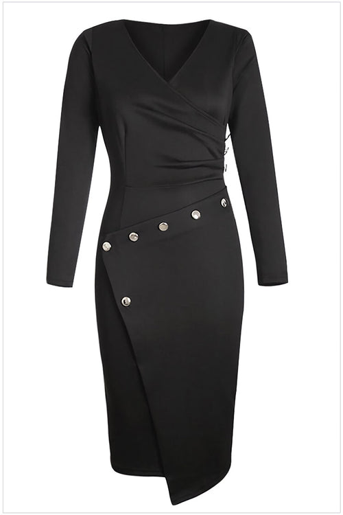 Stylish Button V-neck Pencil Dress